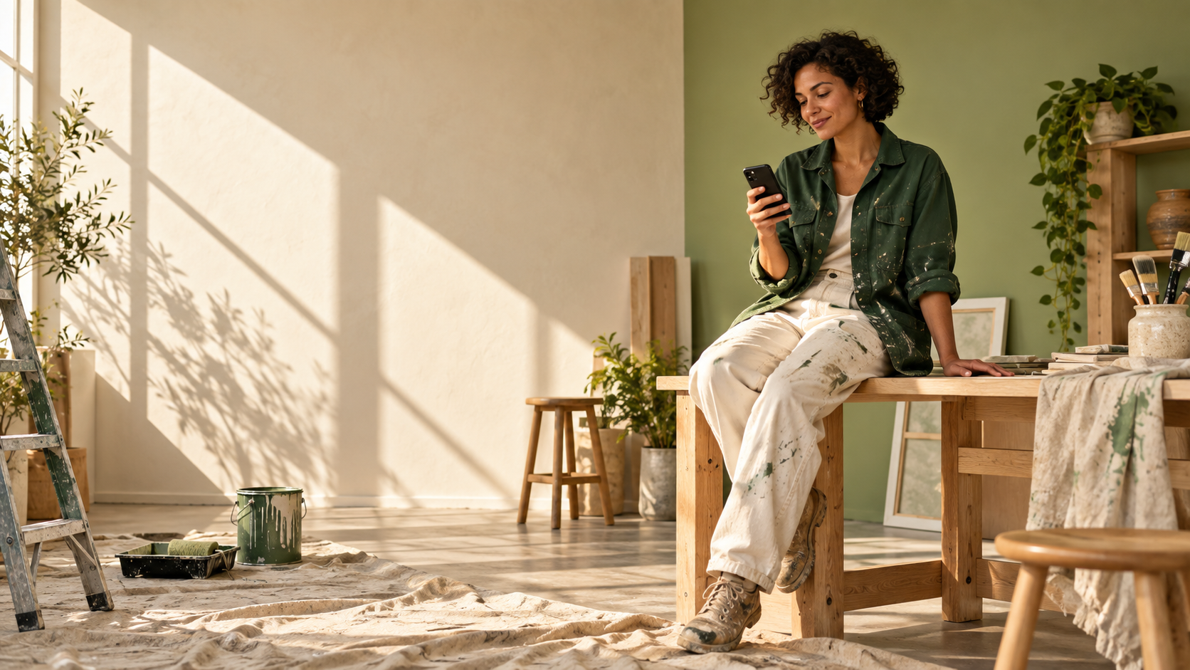 An independent painter checking her phone after finishing a sunlit studio renovation